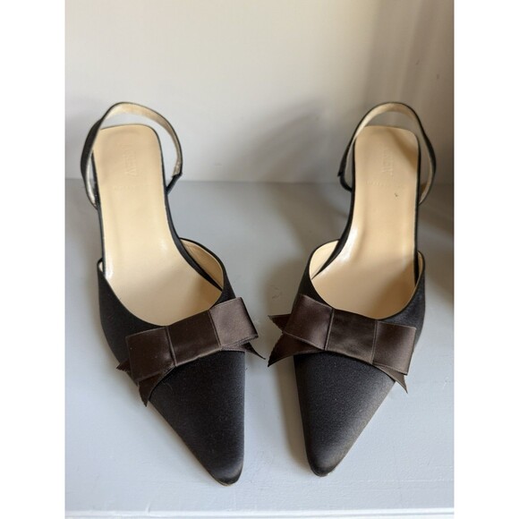 J Crew Satin Sling Back Kitten Heels Brown Bow 9.5 - Picture 2 of 8